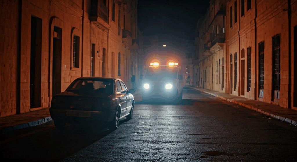 MET tow truck on the road during Maltese village festa fireworks